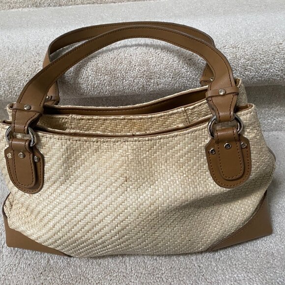Liz Claiborne Vintge Woven Cream and Tan Leather Tote Bag - Picture 1 of 12